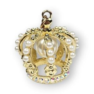 Royal Crown Necklace Pendant Faux Pearl AB Rhinestone Gold Tone Dimensional 2"